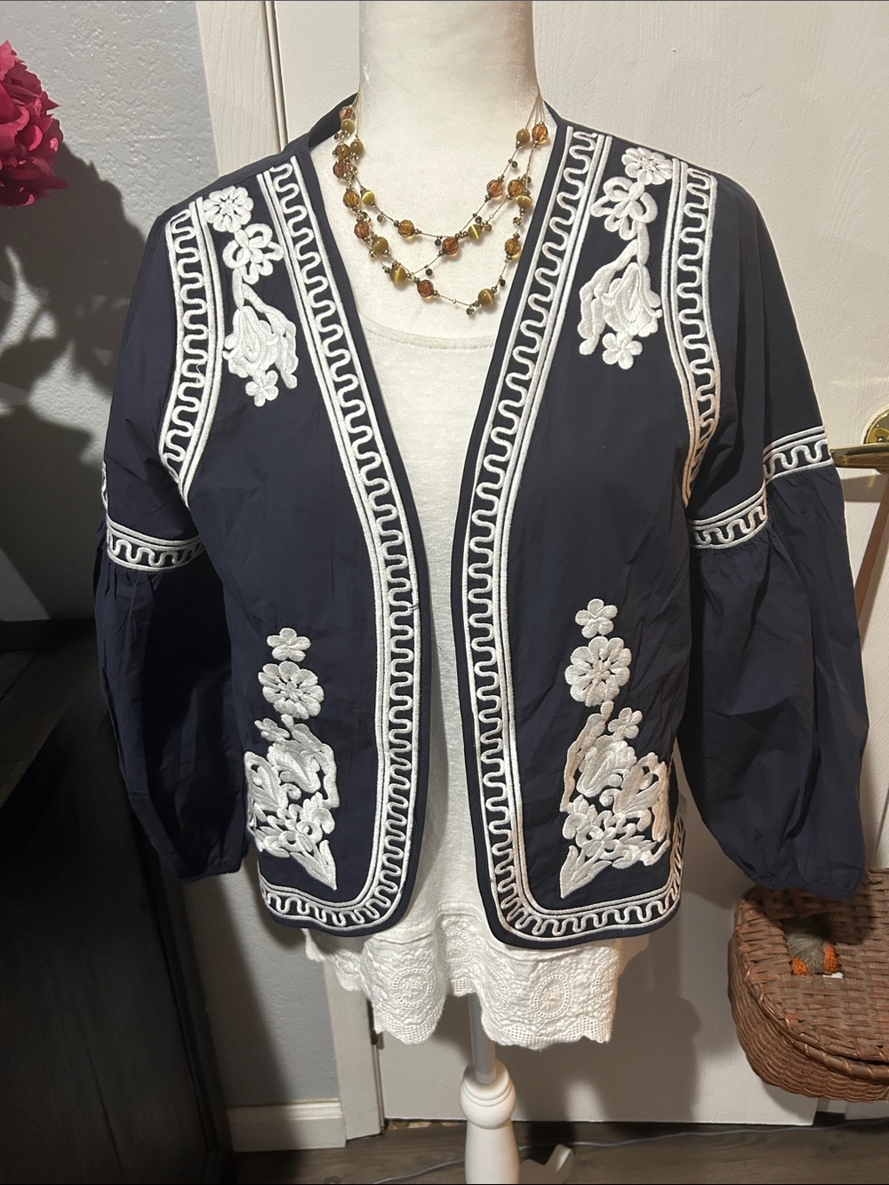 Solitaire Navy Open-Front Jacket with White Floral Embroidery